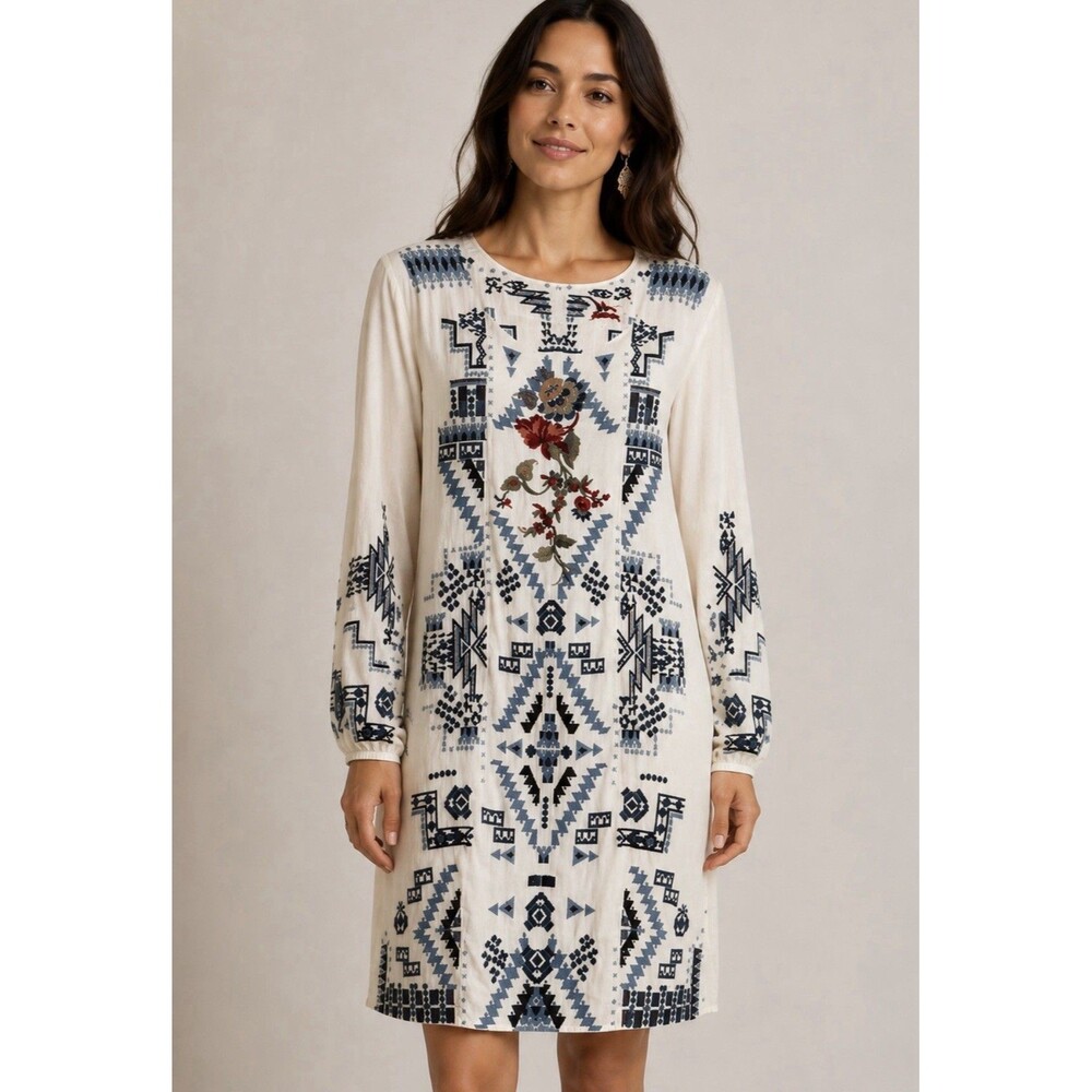 Johnny Was off white Midi Dress with Navy and Red Embroidery